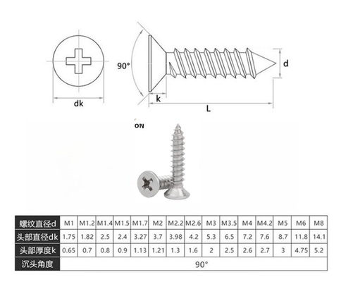 Metrische kaaskop van roestvrij staal DIN7982 ST2.9-ST6.3 CSK Phillips Self Tapping Screw voor metaal ISO-standaard