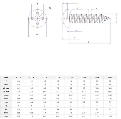 Metrische roestvrij staal 304 Pan Head Tapping Schroef Plaat Metalen Schroef met kaaskop en gechroomde afwerking Din 7981