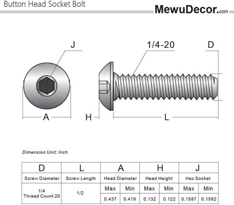 1/4-20 x 1/2 inch knopkop stopcontact bouten 18-8 roestvrij staal 304 Plain Finish Full Thread Allen Hex Drive Pan Head