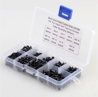 ALLOY Natuurlijke kleur 450pcs M3 Carbon Steel Zwart PA Kruis Pan Hoofd Ronde Hoofd Zelf Tapping Schroef Combinatie Set assortiment Kit