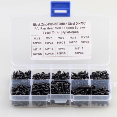 ALLOY Natuurlijke kleur 450pcs M3 Carbon Steel Zwart PA Kruis Pan Hoofd Ronde Hoofd Zelf Tapping Schroef Combinatie Set assortiment Kit