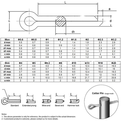 A2 A4 304 316 gegalvaniseerde Cotter Spring Pins conform DIN94 voor zware toepassingen