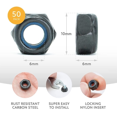 JIS-standaard zelfdraadend M6 Hex-moeren met antivibratie nylon slot inzet roestvrij staal 201/304/316 Zwarte oxide afwerking
