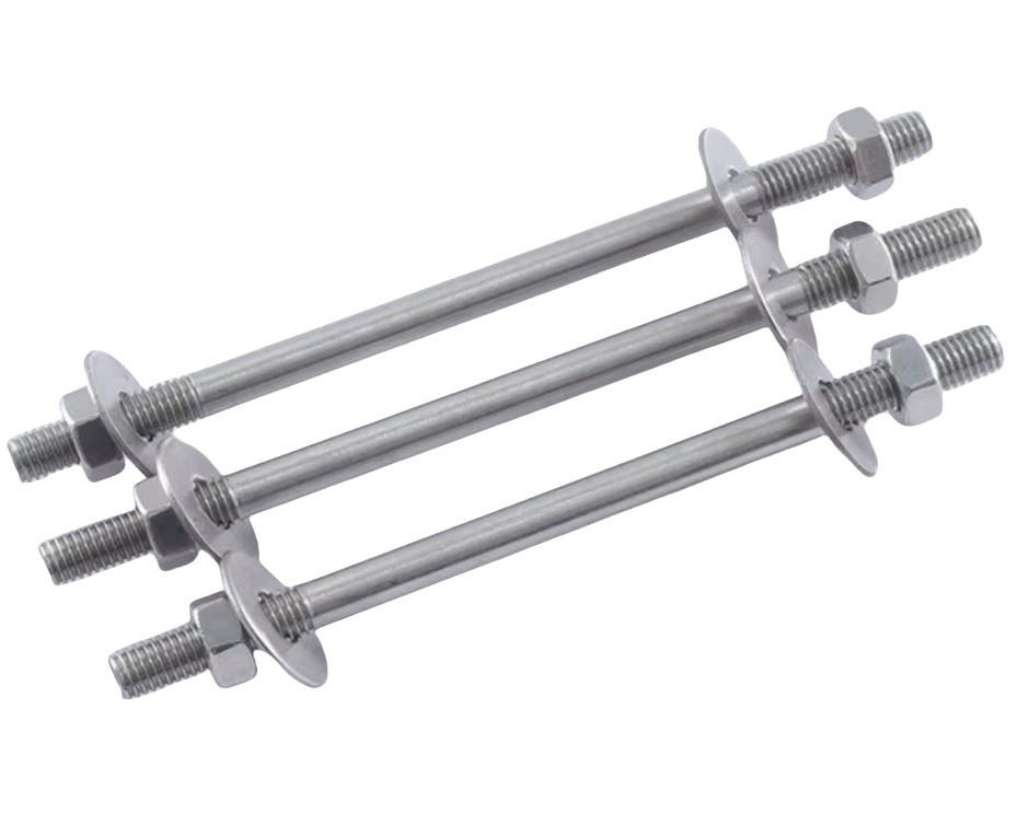 Dubbelkopbout Twee moeren Twee platte wasmachines en dubbel eind draad ZINK Afwerking 304 roestvrij staal Wandpiercing Schroef Set