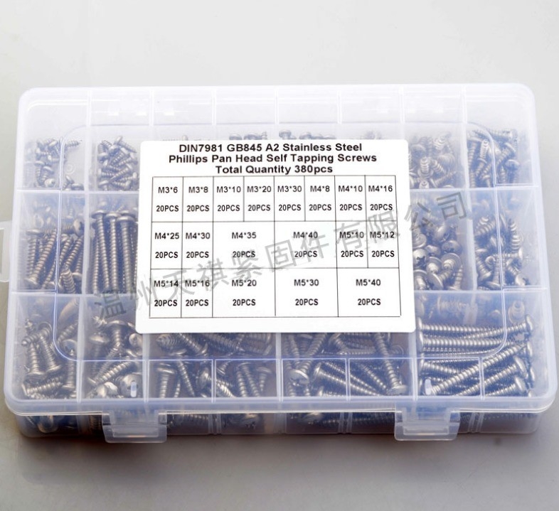 17*10*2.3 Schroefnoot combinatie set 380pcs roestvrij staal 304 din7981 kruis pan kop / ronde kop zelf tap m3m4m5 assortiment kit